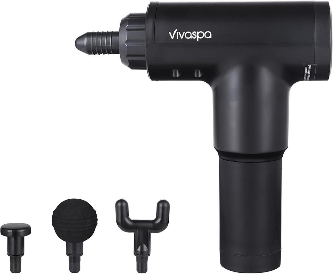 Vivitar - Vivaspa Deep Tissue Massage Gun, Cordless Handheld Percussion Massager with LCD Display, 4 Massage Heads, 6 Speed Levels for Muscle Recovery (Black)