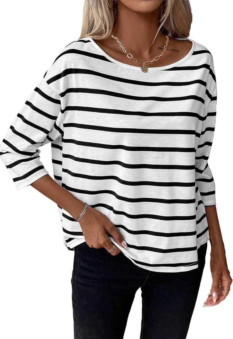 LilyCoco Womens 3/4 Length Sleeve Tops Striped Boat Neck Shirt Frenchy Cotton Tees White X-Large