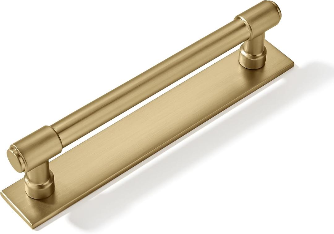 khtumeware 5 Pack 5 inch (128 mm) Center to Center Brushed Gold Cabinet Pull Backplate with Base Plate Zinc Solid Brushed Brass Kitchen Cabinet Handles Drawer Pulls Cabinet Hardware