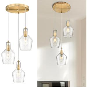 Emliviar Brushed Gold Pendant Light, 3-Light Seeded Glass Chandelier, Modern Pendant Lights for Kitchen Island, DYE286G2-3 BG