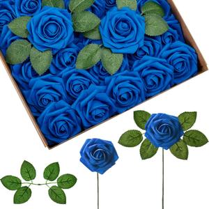 InnoGear Artificial Flowers, 50 Pcs Royal Blue Foam Fake Roses Bulk with Stems for Decoration Celebration DIY Wedding Bouquets Centerpieces Bridal Shower Party Christmas Tree