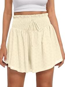 Caracilia Womens Summer Eyelet Mini Skirts High Waist Smocked Layered Ruffle Cute Boho Short Skorts 2026 Casual Beach Outfits Beige Small