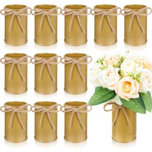Domensi 4.33 Inch Petite Farmhouse Vase Decor Vintage Flower Vase with Twine Bow Rustic Galvanized Metal Buckets for Artificial Flowers for Table Centerpiece Weddings(Gold, Pack of 12)