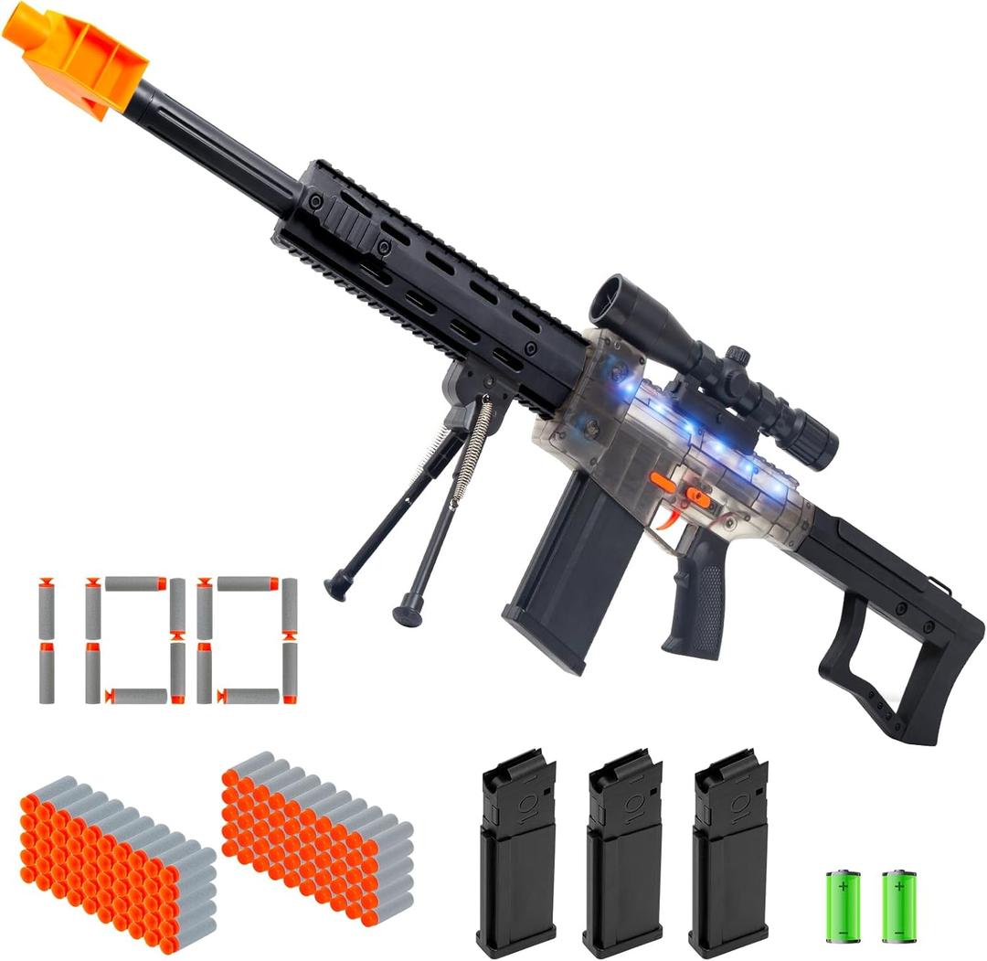 Realistic Toy Gun for Nerf Guns Darts - Electric Sniper Rifle Automatic Foam Blaster with Scope 100 Soft Bullets 3 Magazine for Kid Boy Ages 6-12 Years Old, Indoor Outdoor Game for Adult Child Black