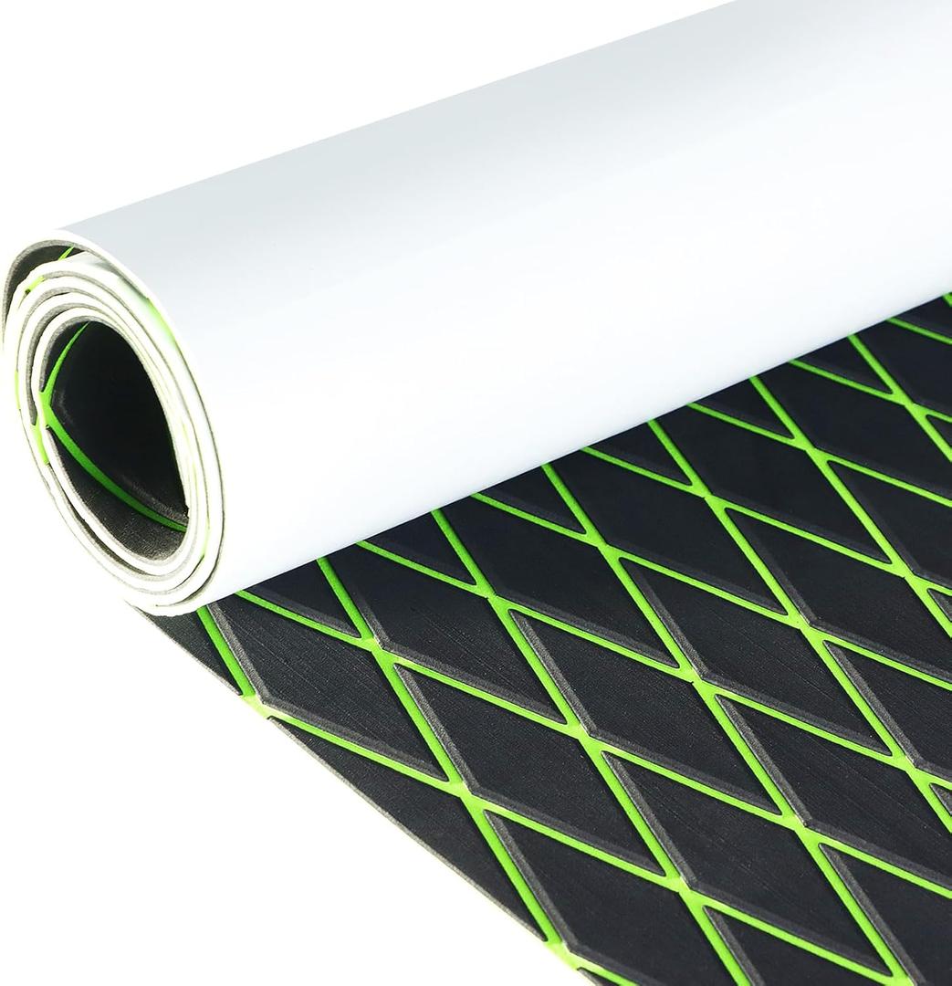 KXKZREN EVA Foam Boat Flooring Decking Sheet 6mm Thick Diamond Anti-Slip Marine Flooring Mat Self Adhesive Deck Pad for Bass Boat Yacht Motorboat RV Cooler Tops, 74.8"x27.6" / 93.8"x43.9" (Black with Green Seam ( Matchable Diamond ))
