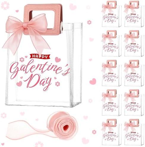 Gueevin 12 Pcs Galentine's Day Gift Bags Pink Plastic Galentines Clear Gift Bags with Handle and Sheer Ribbon 7 x 4 x 8 Inch Reusable Transparent PVC Totes for Her Valentines Birthday Party Supplies
