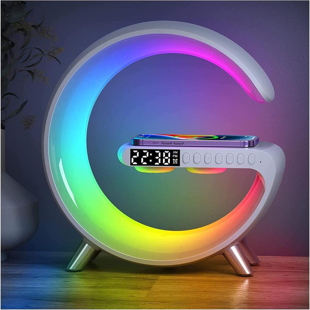 Smart LED Table Lamp, 4-in-1 Wireless Charger, Night Light, Alarm Clock, and Bluetooth Speaker with App Control for Bedroom, Office, and Home Decor (White)