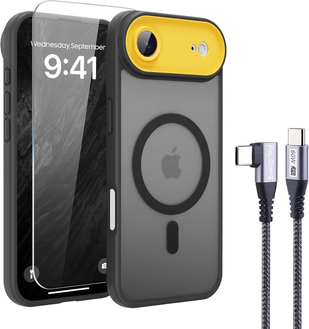 4 in 1 Magnetic for iPhone Air Case [with 1X Screen Protector, Braided Cable, Removable Lens Case] [Mil-Grade Drop Protection] Shockproof Slim Translucent Matte Protective Phone Case, Black