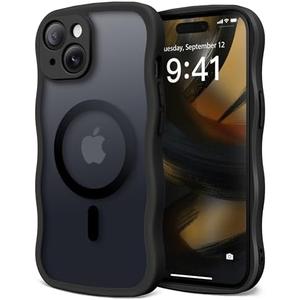 CAPRARO Cute for iPhone 15 Case, Compatible with MagSafe, [Curly Wave Edge] [Full Camera Protection] [14 FT Drop Protection] Magnetic Phone Case for 15 6.1 Inch, Black