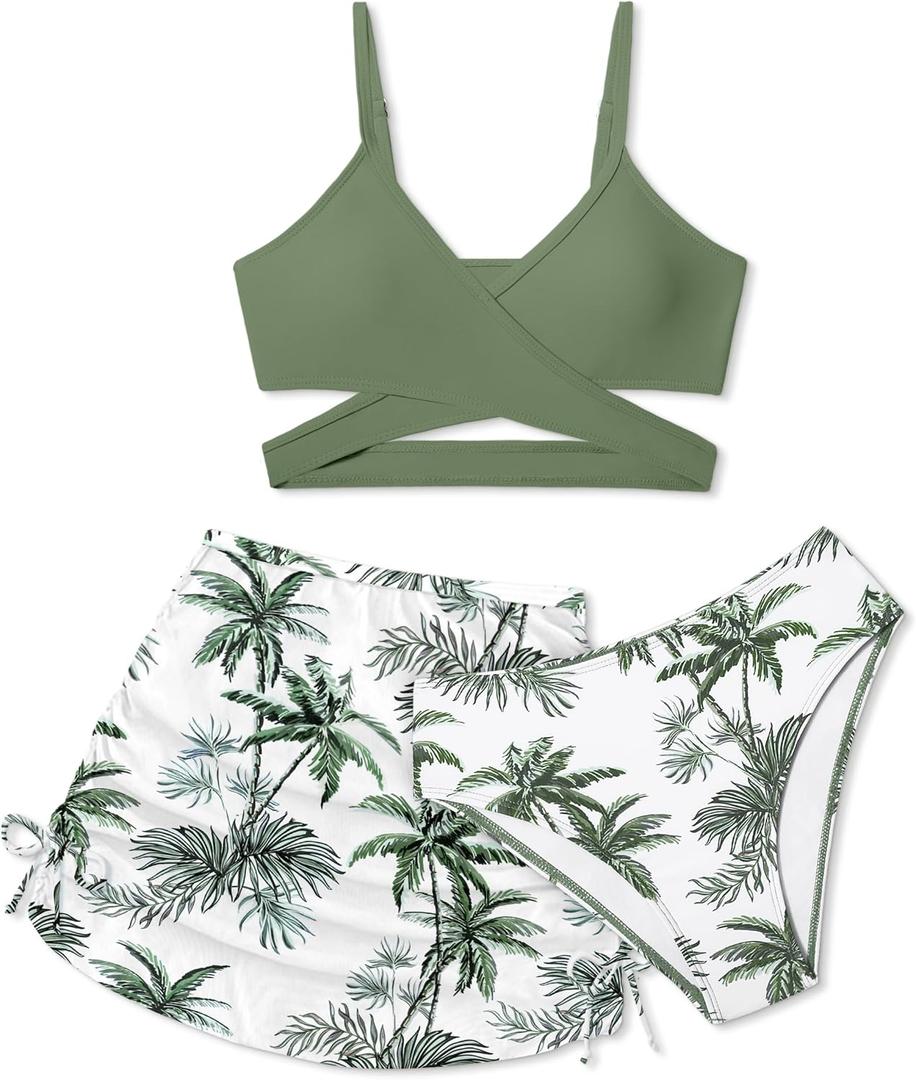 Girls Swimsuits 3 Piece Bathing Suit Allover Printed Criss Cross Bikini Set with Cover Up Skirt Beach Swimwear 7-16 Years (Green # Tropical Print, 15-16)