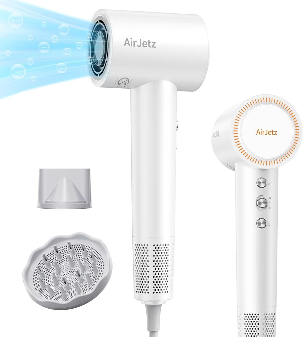 Hair Dryer, 160,000 RPM High-Speed Ionic Blow Dryer for Fast Drying, Professional Lightweight Hairdryer with Diffuser, Magnetic Nozzle, 4 Temps & 2 Speeds, Low Noise for Travel - White