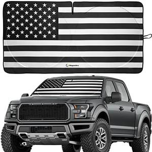 Magnelex American Flag Windshield Sun Shade, High-Resolution Sun Shield with Mirror Cut-Out for Automotive Interior Sun and Heat Protection, Folding Car Sunshade - X-Large, Black & White