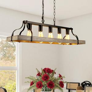 5-Light Rustic Farmhouse Chandelier, 33.5" Linear Black Metal & Retro Wood Finish, Industrial Dining Room Light Fixture Over Table, Hanging Pendant Light for Kitchen Island (E26)