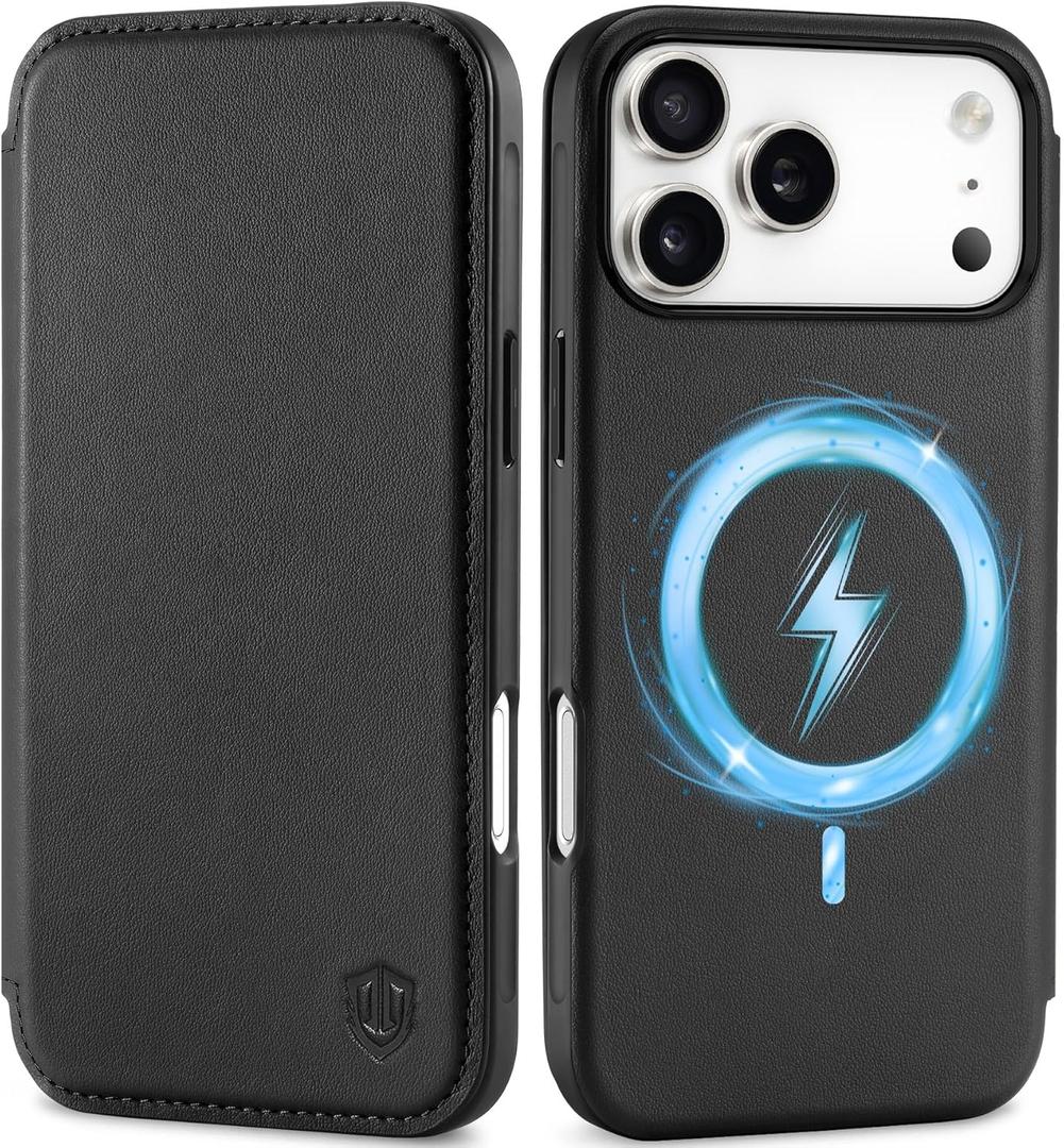 SHIELDON Slim Wallet Case for iPhone 17 Pro Max 6.9-inch 5G 2025 | Genuine Leather | Magnetic Closure | Wireless Charging | RFID Blocking Credit Card Holder | Folio Protective Cover | Black