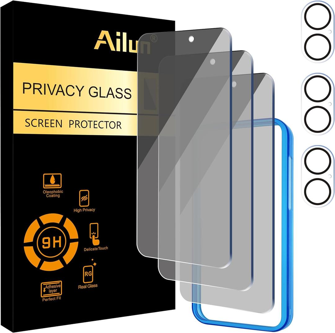 Ailun 3Pack Privacy Screen Protector for iPhone 16 Plus [6.7 inch]+3Pack Camera Lens Protector,Dynamic Island Compatible,Anti Spy Private Tempered Glass[9H Hardness]