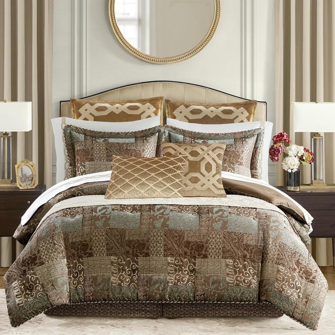 Croscill King Comforter Set, Luxe Chenille Jacquard Patchwork, Microfiber Twill Comforter for a King-Size Bed, Oversized Comforter King Bedding, 2 Shams & Bedskirt, Galleria, King, Brown