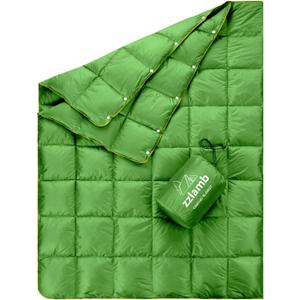 zzlamb Puffy Down Camping Blanket Water-Repellent, Down Throw Travel Blanket Portable for Outdoor, Light Warm Quilt for Couch Plane Car Theater Stadium Picnic RV Backpacking Hammock (Green With Storage Bag)