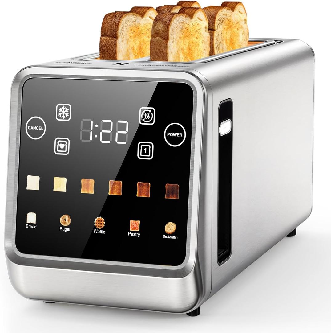 Smart 4-Slice Toaster, 75 Touchscreen with Digital Timer & Even-Heat Tech, Extra-Wide Slots for Bagels & Thick Bread, 6 Browning Levels, Defrost/Reheat, Single-Slot Energy Saving