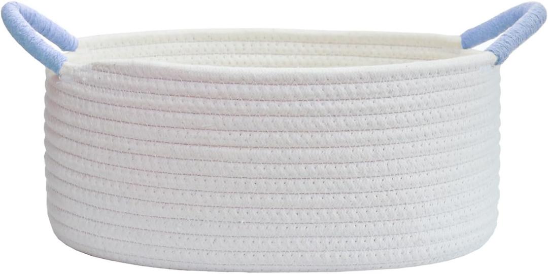 Basket for Gifts, Small Cute Shelf Baskets for Babies, Wedding, Birthday, White Rope Baskets with Blue Handle for Home Decor(Oval, 12"x 7.5"x 5")