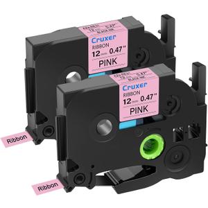 2 Pack Cruxer Compatible for P-Touch Embellish Black Print on Pink Satin Ribbon TZE RE31 12mm 1/2" (0.47 Inch) Label Tape Replacement for P-Touch PT-D215e PTD210 H110 D400AD Cube Label Makers