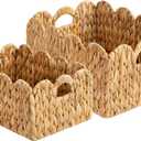 LUSYDECO Set of 2 Scalloped Edge Wicker Storage Basket with Built-in Handles, Rectangle Water Hyacinth Basket for Organizing, Decorative Woven Rattan Basket for Shelf, Nursery Room