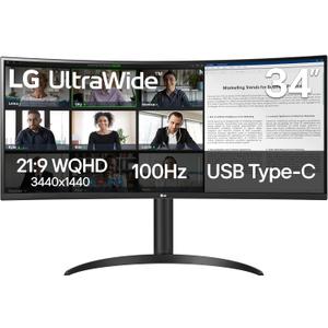 LG 34WR55QK-B 34-inch UltraWide WQHD (3440 x 1440) Curved Computer Monitor, 100Hz, 5ms, HDR10, Reader Mode, HDMI, DisplayPort, USB Type-C, Tilt/Height Adjustable Stand, Black