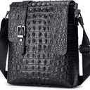 Genuine Leather Flap Mens Shoulder Bags Vintage Crocodile Embossed Messenger Bag for Men Crossbody Adjustable Shoulders Sling for Travel Work Business Handbag (2#-Black)