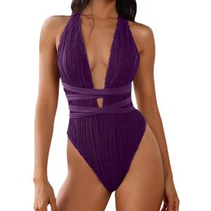 ZAFUL Women's One Piece Swimsuit Deep V Neck Ribbed Self Tie Sexy High Cut Bathing Suit Crisscross Back Swimwear (Purple) Small 