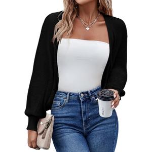 HOTOUCH Women's Cardigan Shrugs Long Batwing Sleeve Knitted Cropped Bolero Open Front Casual Elegant Cardigans for Dresses (Black, XL)