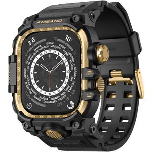 amBand Rugged Case with Band for Apple Watch 45mm, Compatible with Apple Watch (iWatch) Series 9/8/7, Military Grade Shockproof Bumper Cover, Tactical Band for Men, Black Gold
