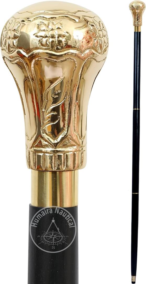 Humaira Nautical Handmade Brass Knob Walking Stick, Wooden Cane with Black Finish Gold Handle 37 Inch Cane for Men and Women
