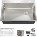 Kitchen Sink 30 x 22 Inch Drop-In Top Mount 16 Gauge Deep R10 Single Bowl 2-Hole Stainless Steel Kitchen Sink and Accessories (Pack of 4)