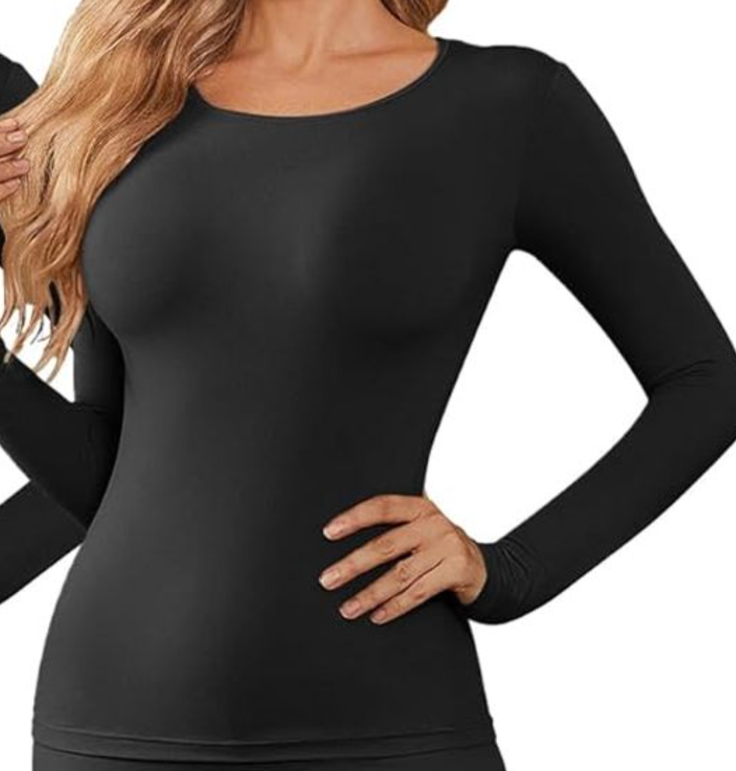 Ekouaer Thermal Underwear for Women Long Johns Long Sleeve Base Layer Thermals Cold Weather Top (Medium, Black)