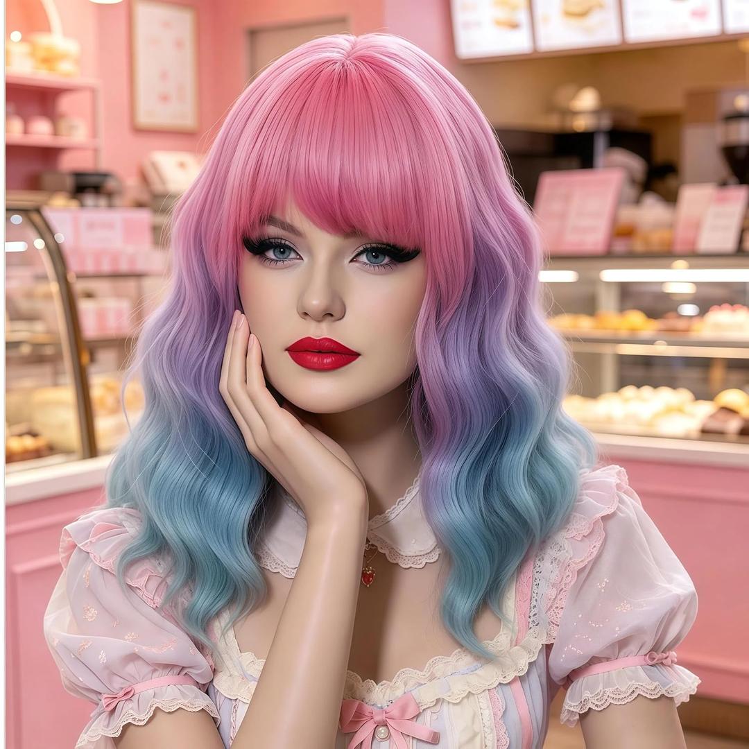 14" Short Bob Light Pink Ombre Light Blue Wavy Curly Bangs Wig Air Bangs Shoulder Length Women's Charming Synthetic Wig for Cosplay Party Anime Costume+Wig Cap (Light Pink Ombre Light Blue)