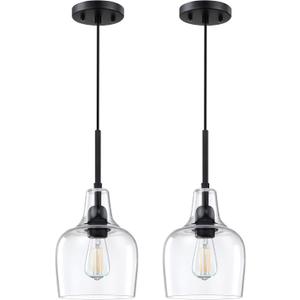 Hanging Indoor Pendant Ceiling Light Modern Farmhouse Kitchen Island 6.1" Clear Glass Fixture for Dinning Over Sink Bedside(2 Pack Black)