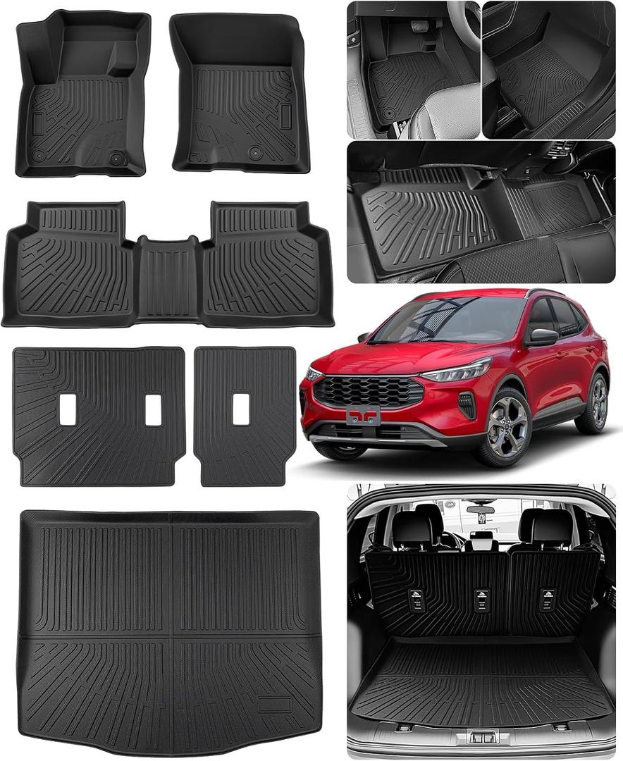 DrCarNow® Floor Mats Full Set for Ford Escape 2026 2025 2024 2023 2022 2021 2020(Not for Hybrid), Custom Fit All Weather TPE Liners with Cargo Mat & Backrest Protector for Car SUV Interior Accessories