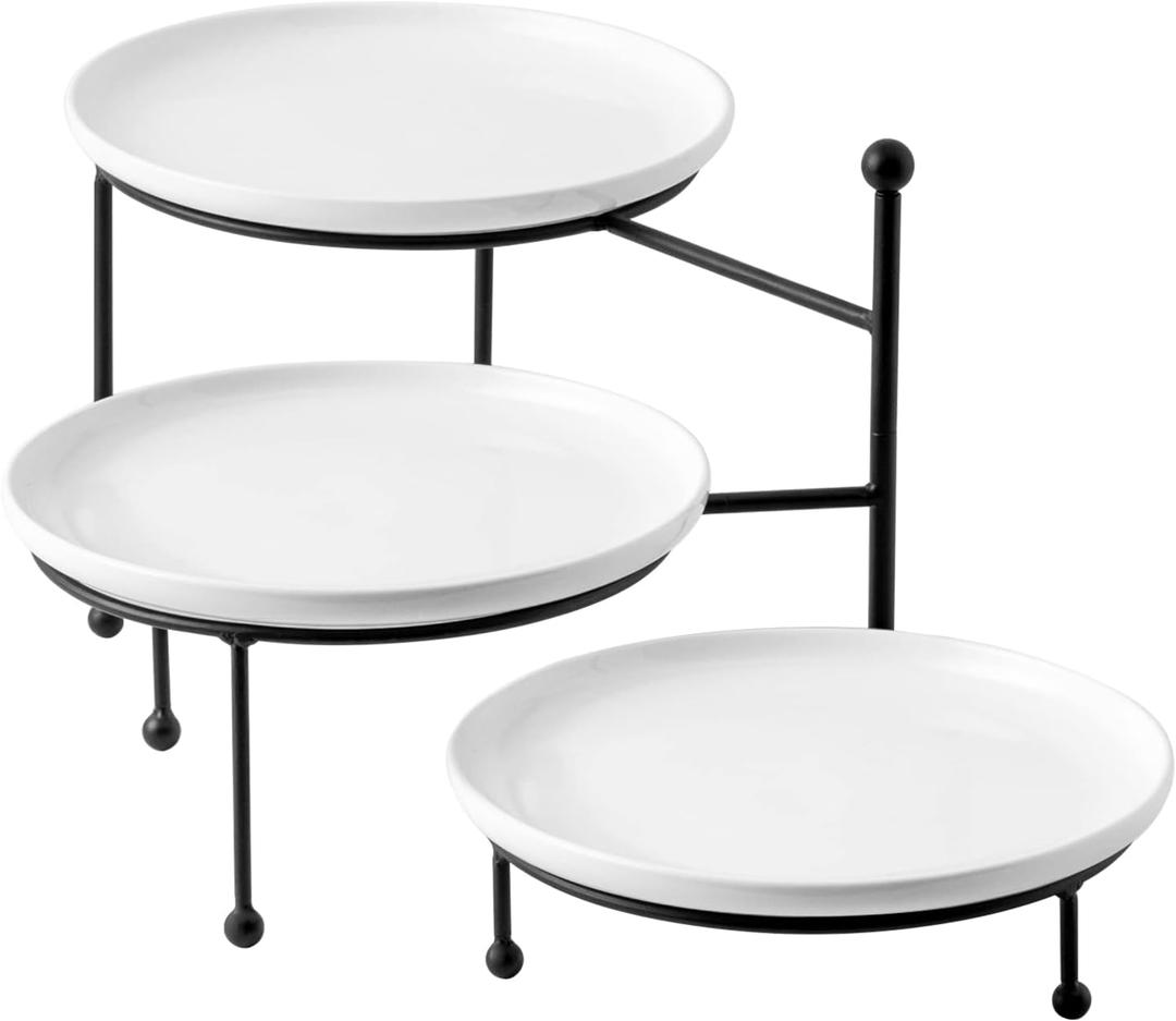 Kanwone 3 Tiered Serving Stand with White Porcelain Plates, 10" Round Tray, dessert table display set, Black Metal Stand, Versatile & Durable (10 Inch)