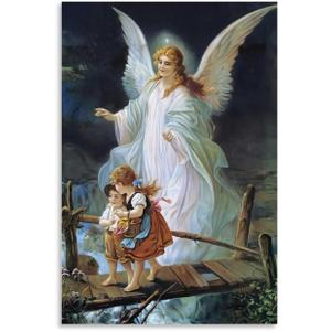 Catholic Wall Art Lindberg Heilige Schuguardian Angel Picture De La Guarda Poster Guardian Angel And Children Crossing Bridge Religious Religion Wall Art Painting Poster Unframe-style 12x18inch
