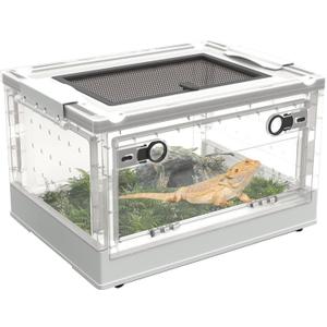 PINVNBY Plastic Reptile Feeding Box with Wheels,Reptiles Breeding Enclosure Cages Transparent Amphibians Habitat Terrarium Tank Portable Transport Container for Lizard,Bearded Dragon(White)