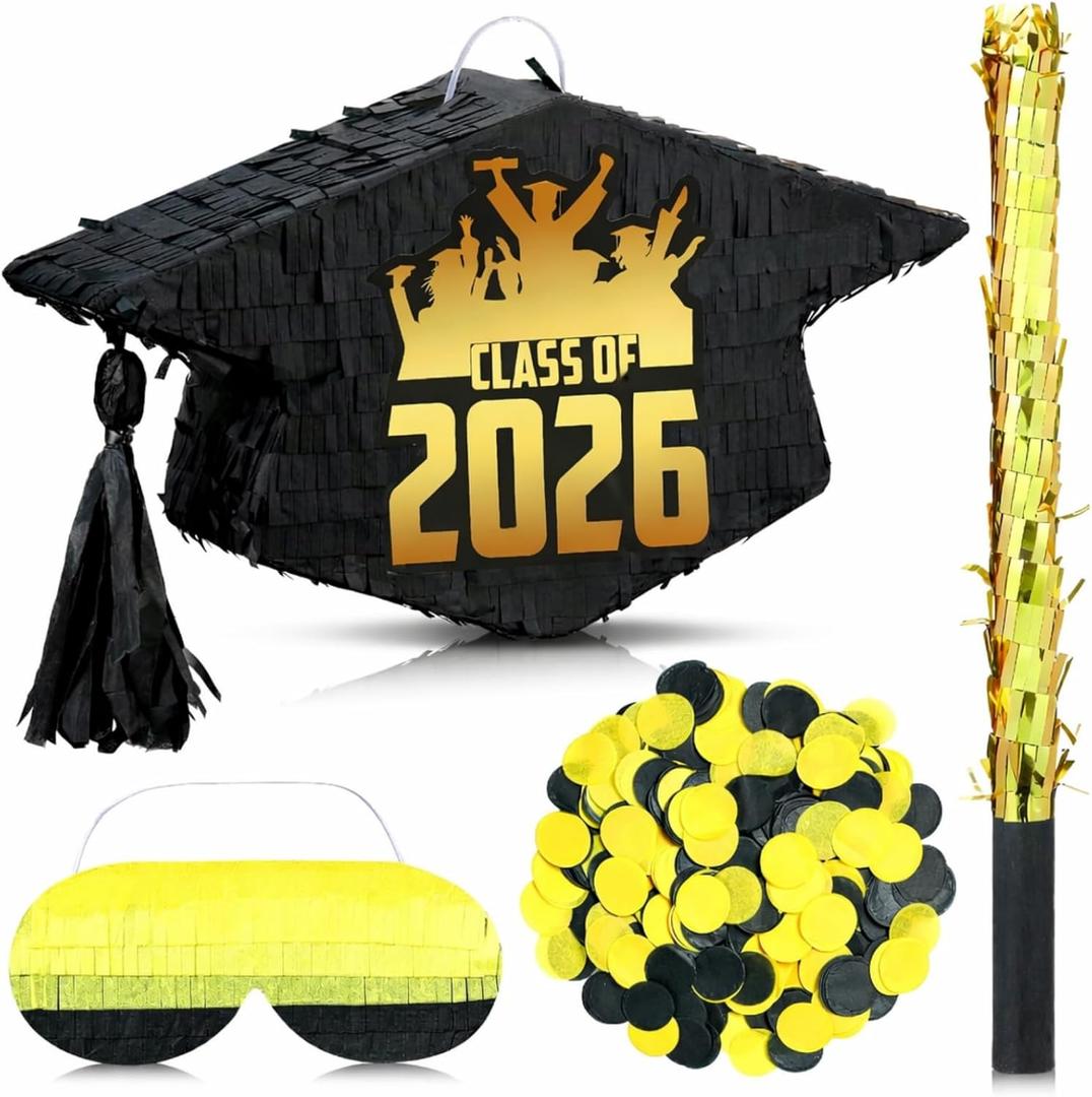 HyDren 16 Inch Graduation Piata 2026 Class of 2026 Graduation Cap Piata with Blindfold Bat and Confetti for College Middle School Elementary Congrats Grad(black gold,Elegant Style)