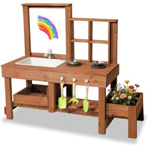 Mud Kitchen Playset for, Outdoor Wooden Toy Play Kitchen Set for Boys and Girls, Kitchen Accessories and Garden Sink with Faucet & Storage Shelves for Backyard Garden Toy (Brown), 47.2" x 18.5" x 39"