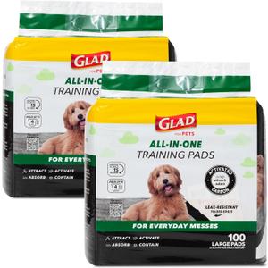 Glad for Pets Black Charcoal Puppy Pads, 6-Layer Leak-Proof Design with Activated Carbon Odor Control and Pheromone Attractant, Disposable Dog Pee Pads for Potty Training, 23 x 23 in, 100 Count - 2 Pk