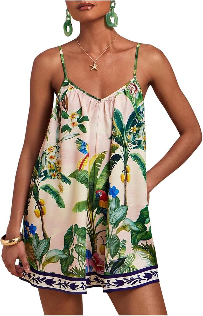 Milumia Women's Tropical V Neck Spaghetti Strap Romper Summer Vacation Loose Shorts Jumpsuits (L)