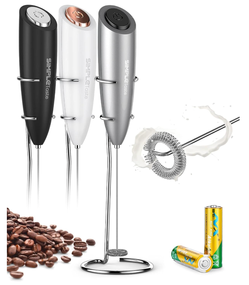 SIMPLETASTE Milk Frother Handheld Electric Foam Maker, Drink Mixer with Stainless Steel Whisk for Cappuccino, Bulletproof Coffee, Latte, Midnight Black, without Stand, Battery Operated