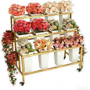 Three-layer Heavy-duty Metal Flower Bar Stand, Flower Cart Display Stand with Wheels, Flower Display Stand, Gold Flower Stand Without a Barrel (Gold)