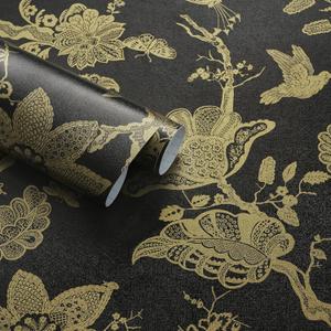 Kitico 17.3''x197'' Peel and Stick Wallpaper Black Floral Wallpaper Boho Bird Wall Paper Self Adhesive Removable Contact Paper for Countertops Black and Gold Waterproof for Bedroom Bathroom