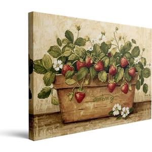 Canvas Wall Art Botanical Framed Style Vintage Strawberry Decor 16x24 Inch
