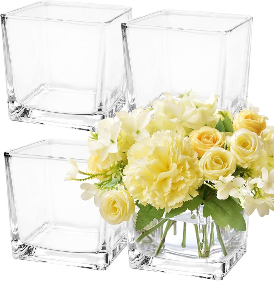 4 Pack 6 x 6 x 6 Inch Square Glass Vases, Clear Square Vases for Centerpieces, Glass Cube Flower Vases Short Vases for Candle Holder Events Wedding Party Home Decoration