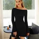 LAGSHIAN Women's Fall Long Sleeve Off Shoulder Trendy Ruched Stretch Bodycon Cocktail Party Flare Mini Dress (Black, M)