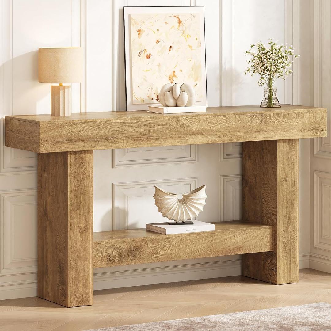 Farmhouse Console Table, 55 Inch T-Shaped Sofa Table Entryway Tables with Storage for Living Room, Entrance, Hallway (Light Brown)